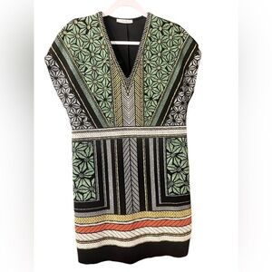 Zara Women's Geometric Tunic Dress
Metallic Gold Print Shift Tribal Raw Hem